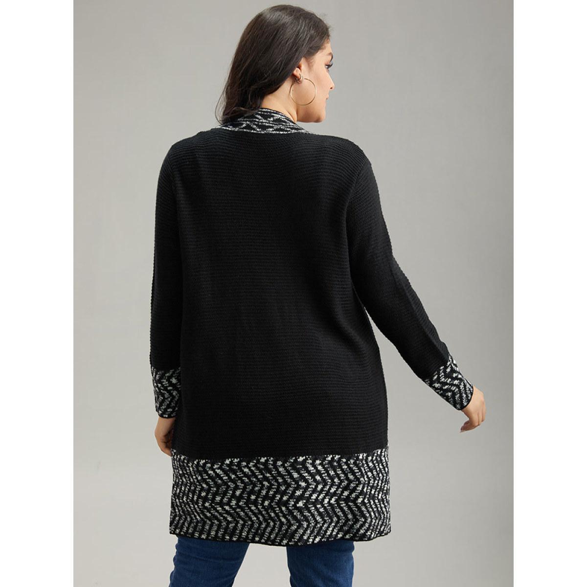 Plus Size Bandana Trim Patched Pocket Cardigan Black Women Casual Loose Long Sleeve Everyday Cardigans BloomChic 30/6X Product Image