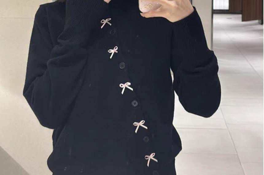 V-Neck Ribbon Accent Plain Cardigan Product Image