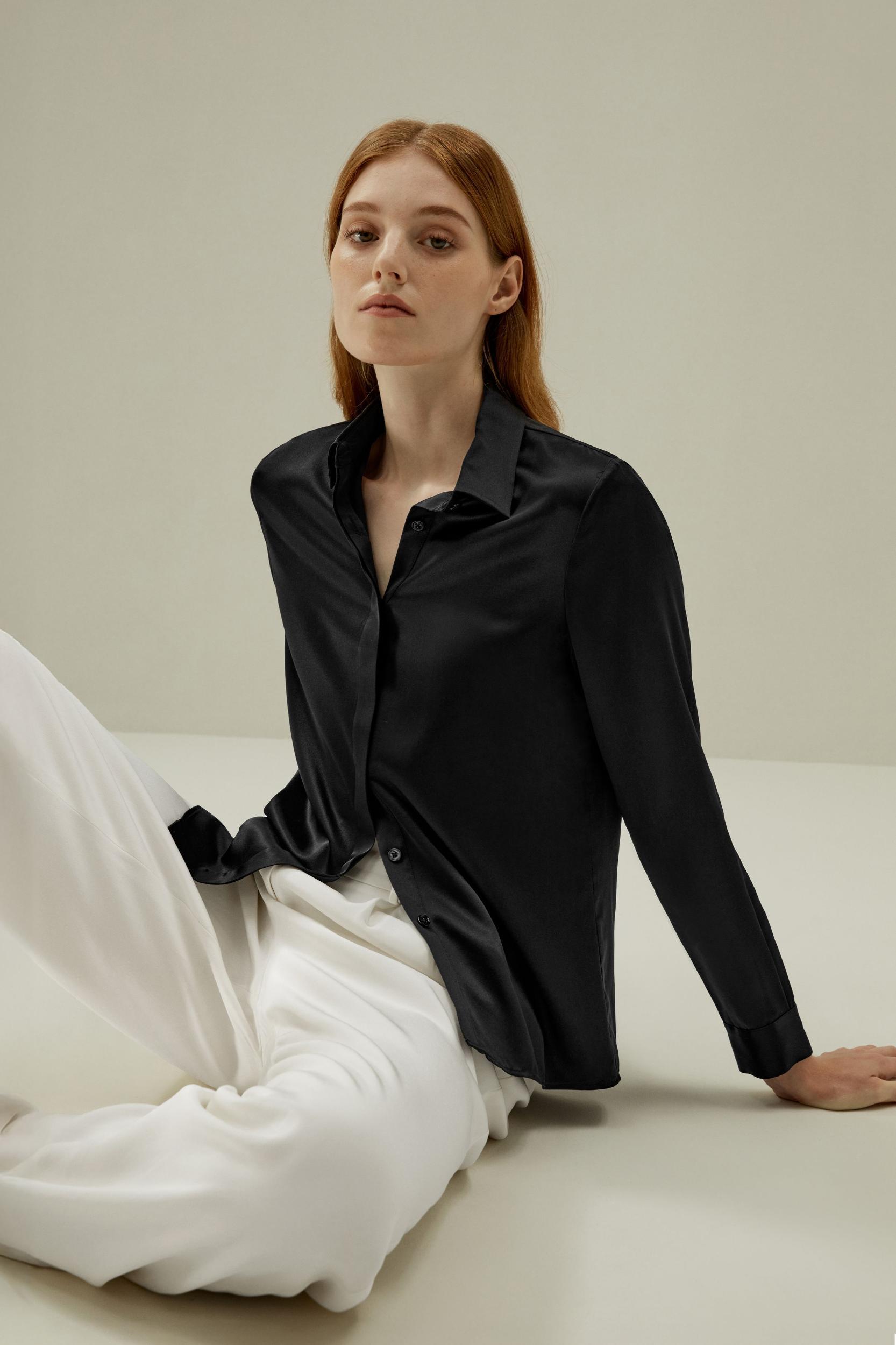 Basic Concealed Placket Silk Shirt Product Image