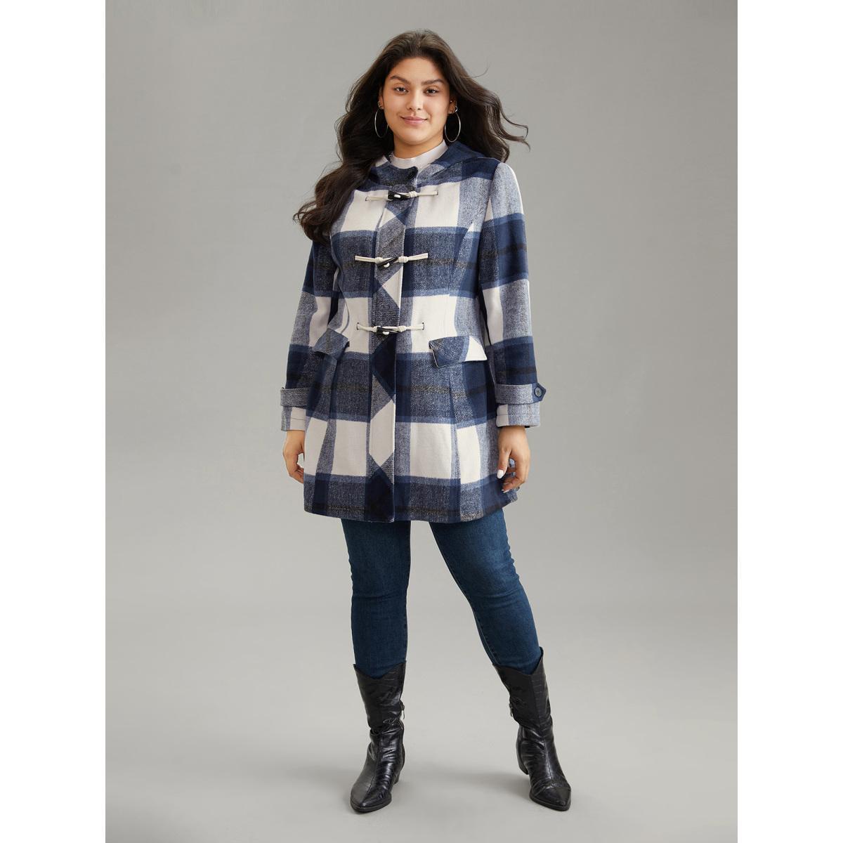 Plus Size Plaid Hooded Duffle Button Zipper Coat Women Indigo Casual Lined Ladies Dailywear Winter Coats BloomChic 28/5X Product Image