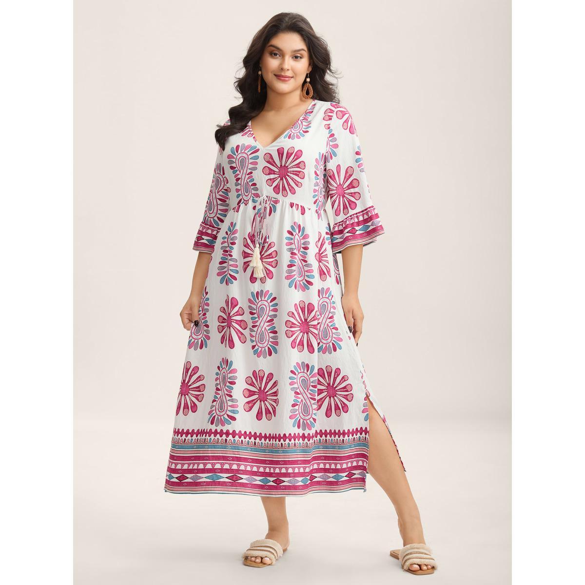 Plus Size Boho Drama Sheer A-Line Midi Dress Rosered Women V-neck Elbow-length sleeve Curvy BloomChic 26/4X Product Image