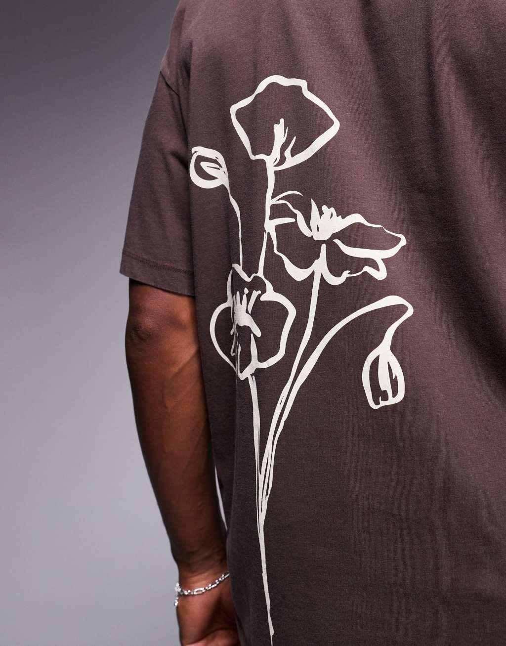ADPT oversized washed flower back print t-shirt in brown Product Image