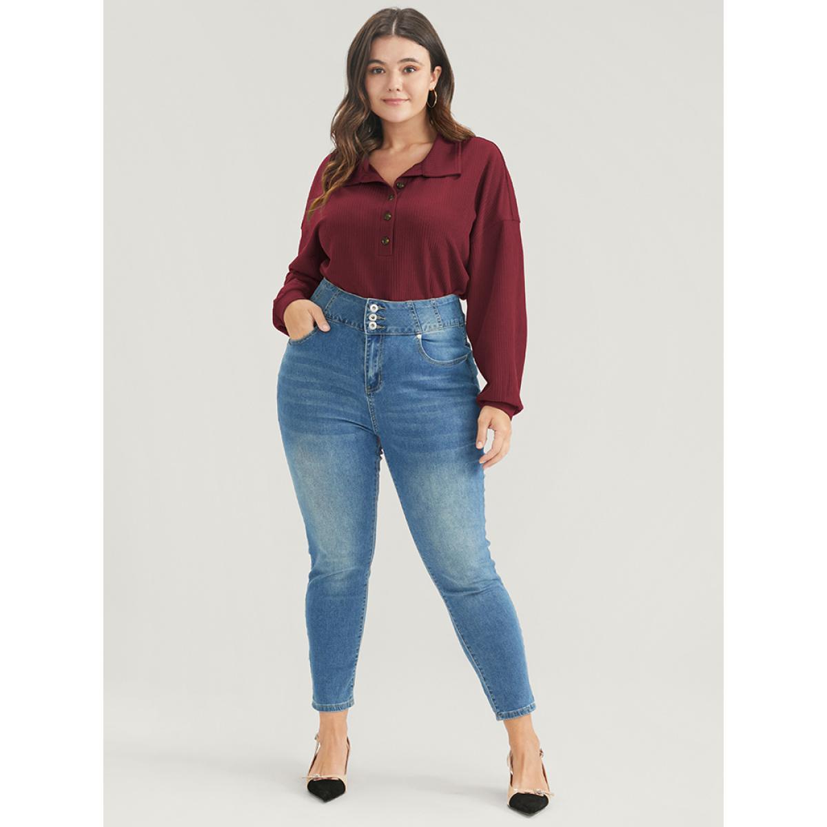 Plus Size Solid Half Button Drop Shoulder Rib Knit Sweatshirt Women Burgundy Casual Button Lapel Collar Dailywear Sweatshirts BloomChic 26/4X Product Image