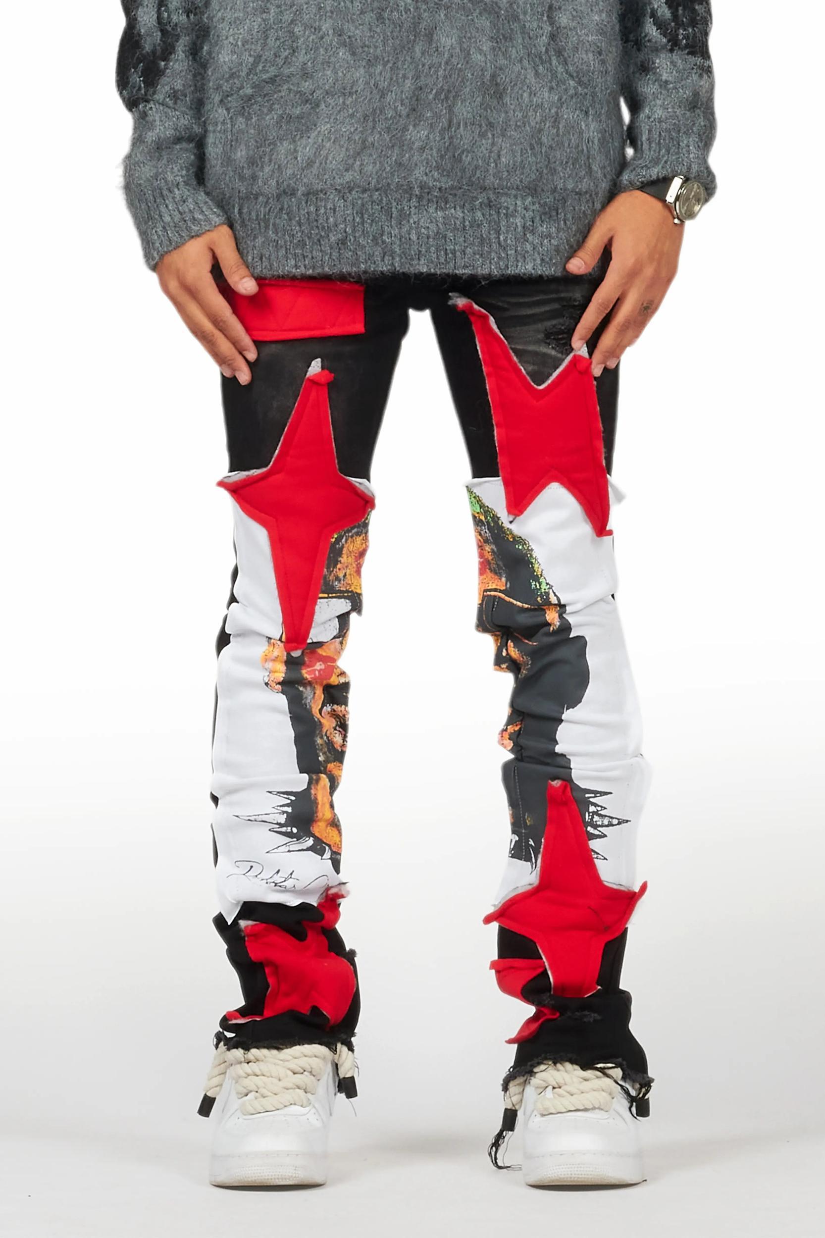 Savage Black/Red Patchwork Stacked Flare Jean Male Product Image