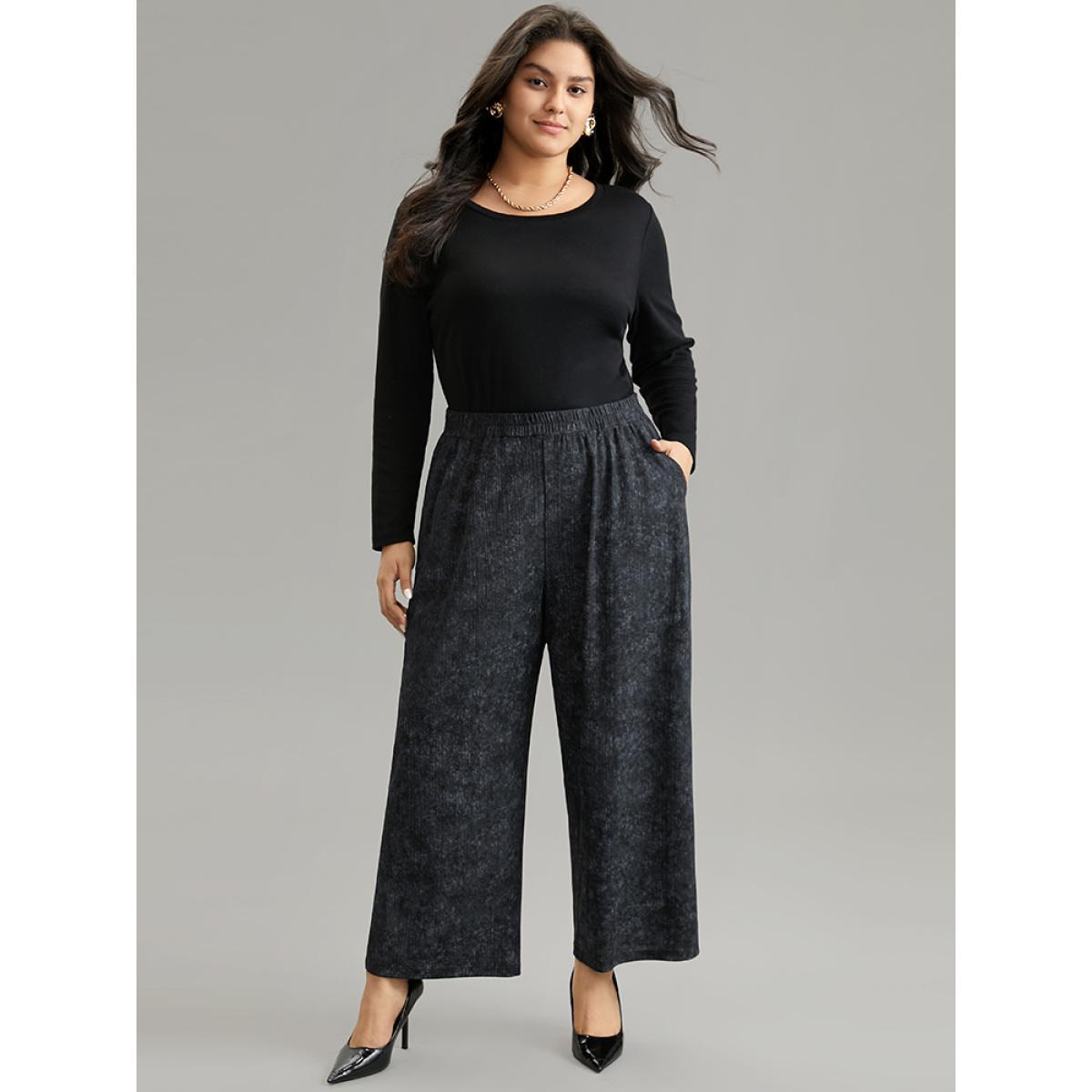 Plus Size Vintage Heather Elastic Waist Wide Leg Pants Women Black Casual Wide Leg High Rise Dailywear Pants BloomChic 12/L Product Image