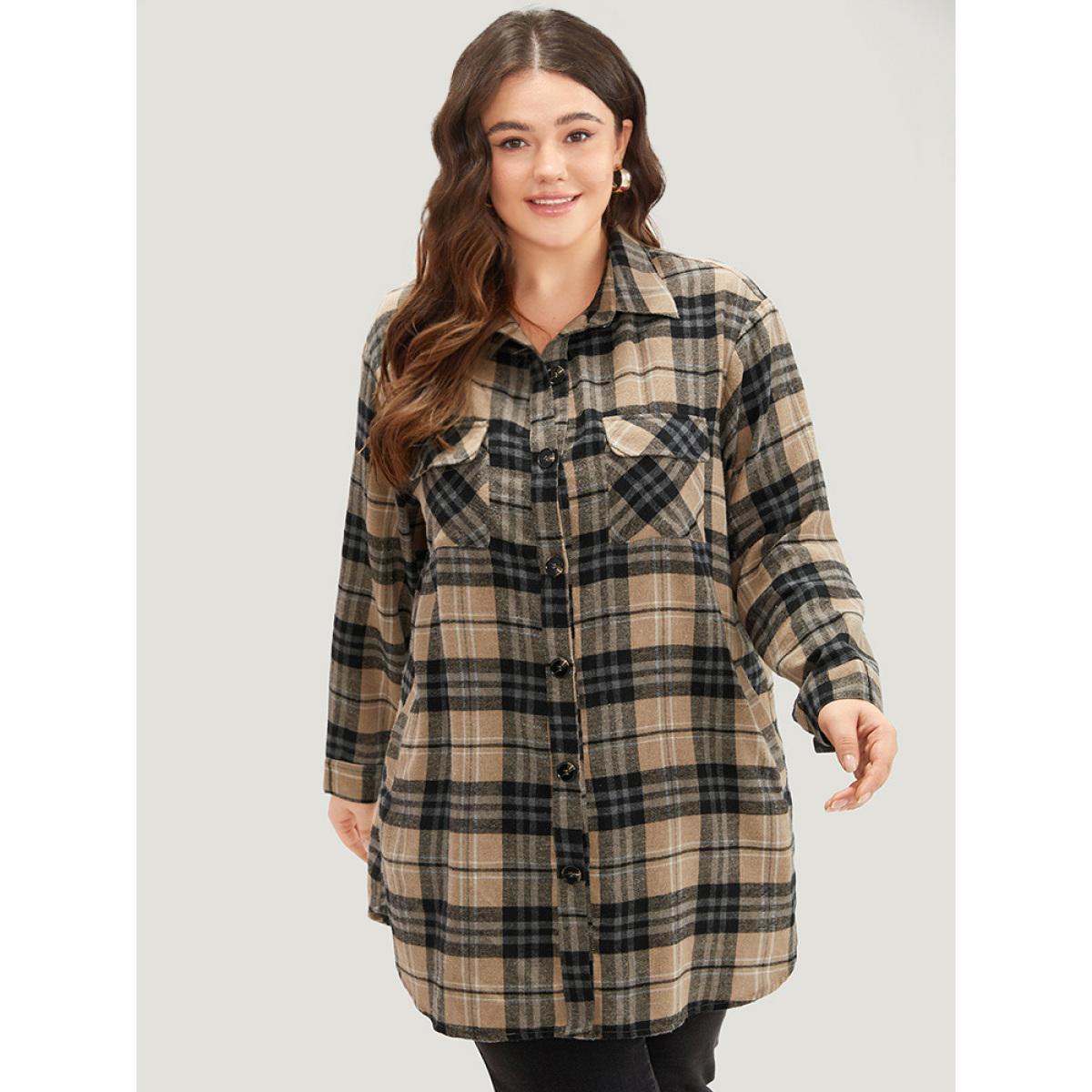 Plus Size Plaid Flap Pocket Curved Hem Coat Women Tan Contrast Pocket Dailywear Jackets BloomChic 22-24/3X Product Image