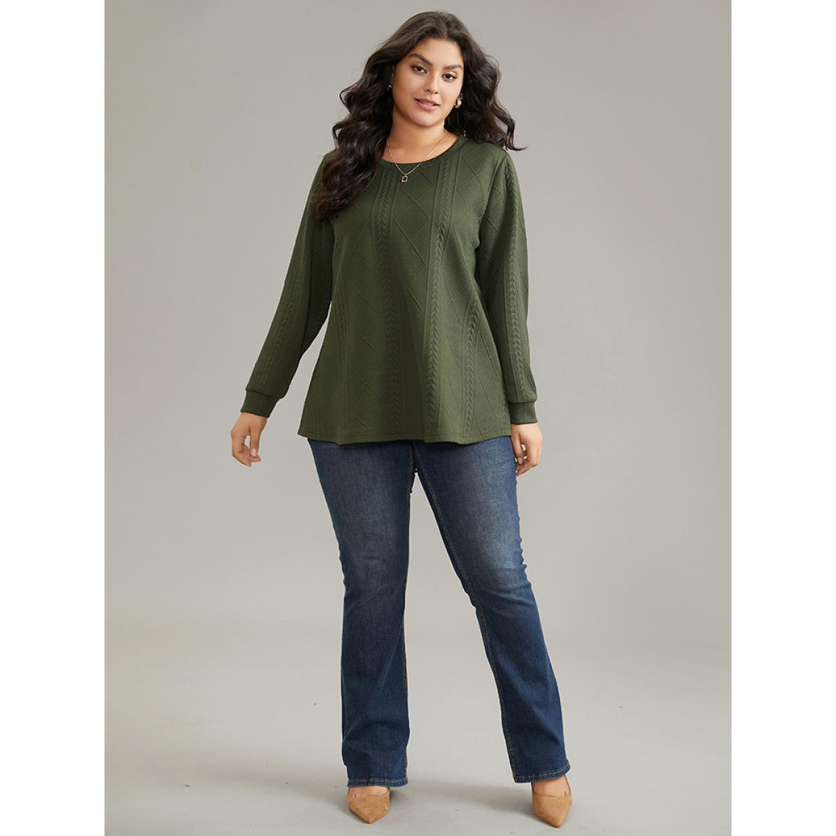 Plus Size Plain Textured Round Neck Sweatshirt Women ArmyGreen Casual Non Round Neck Everyday Sweatshirts BloomChic 18-20/2X Product Image