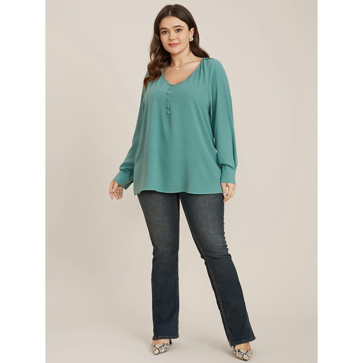 Plus Size Mint Solid V Neck Button Detail Blouse Women Office Long Sleeve V-neck Work Blouses BloomChic 22-24/3X Product Image
