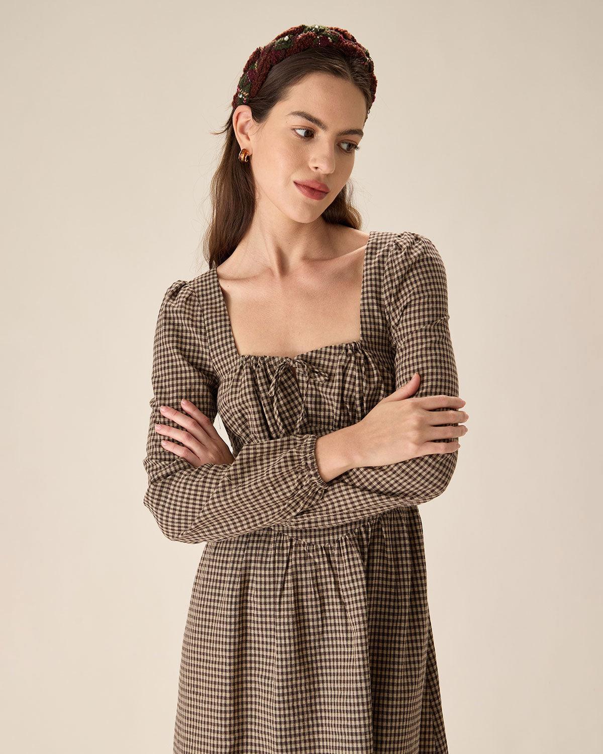 Brown Plaid Square Neck Ruched Midi Dress Product Image