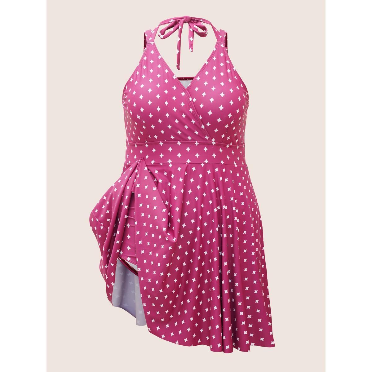 Plus Size Overlap Collar Geometric Tie Knot Swim Dress Women's Swimwear Deeppurplered Beach Bodycon Overlap Collar High stretch Curve Swim Dresses BloomChic 12/L Product Image