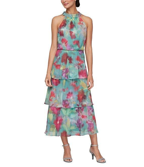 Ignite Evenings Halter Neck Sleeveless Tiered Chiffon Midi Dress Product Image