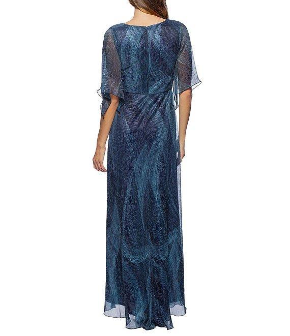 Marina Gathered V-Neck 3/4 Flutter Sleeve Metallic Mesh Gown Product Image