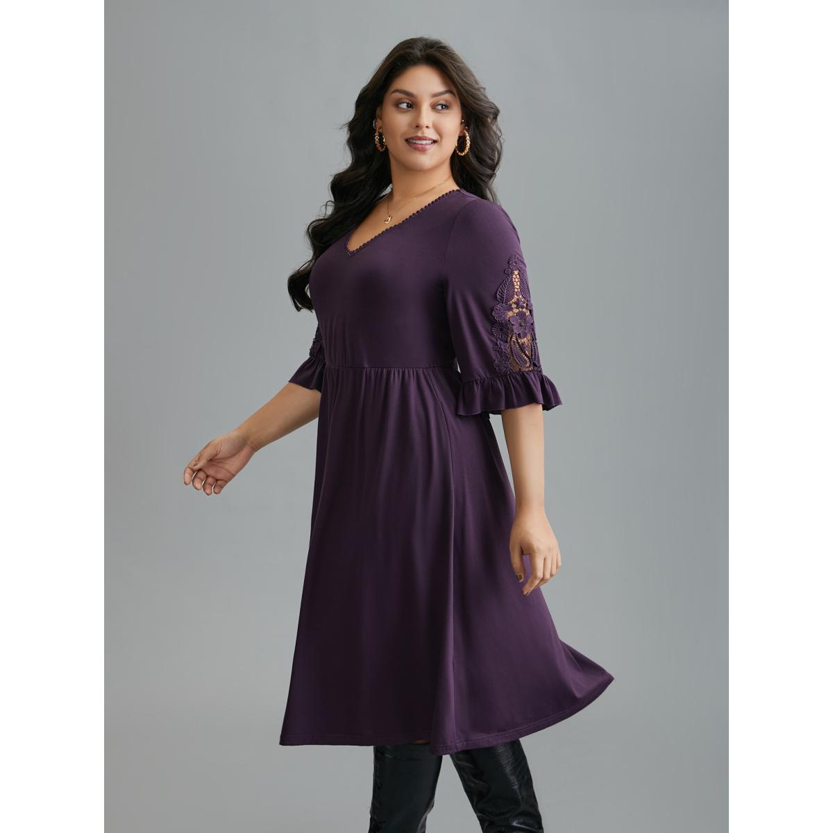 Plus Size V Neck Plain Crochet Lace Mesh Dress Deeppurple Women Elegant Woven ribbon&lace trim Knit Dresses Bloomchic 10/M Product Image