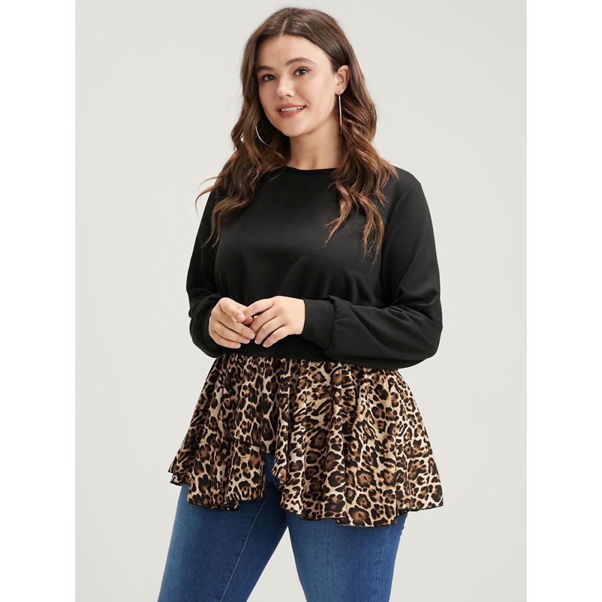 Plus Size Leopard Patchwork Asymmetrical Hem Sweatshirt Women Black Elegant Contrast Round Neck Dailywear Sweatshirts BloomChic 28/5X Product Image
