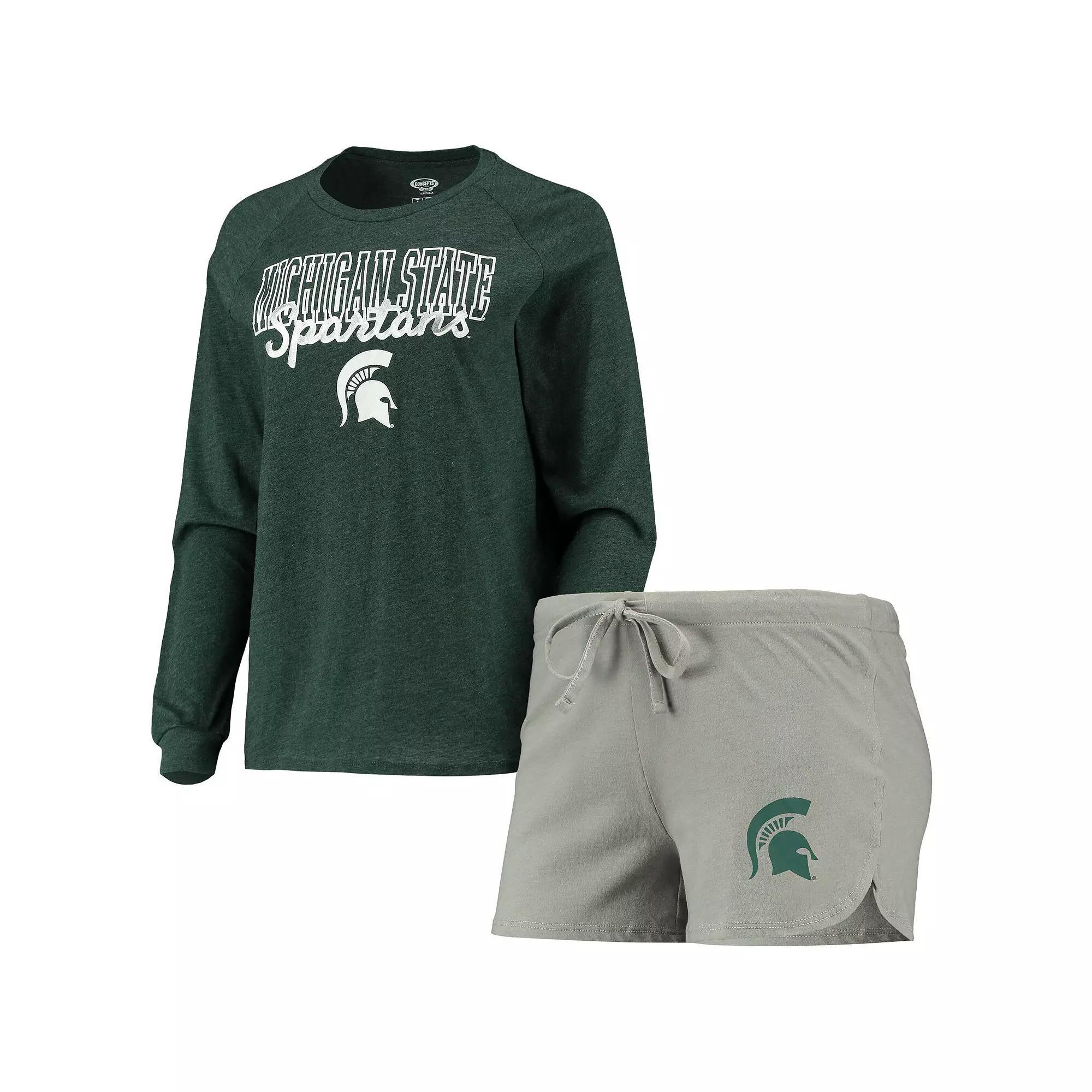 Women's Concepts Sport Green/Gray Michigan State Spartans Raglan Long Sleeve T-Shirt & Shorts Sleep Set, Size: XL Product Image