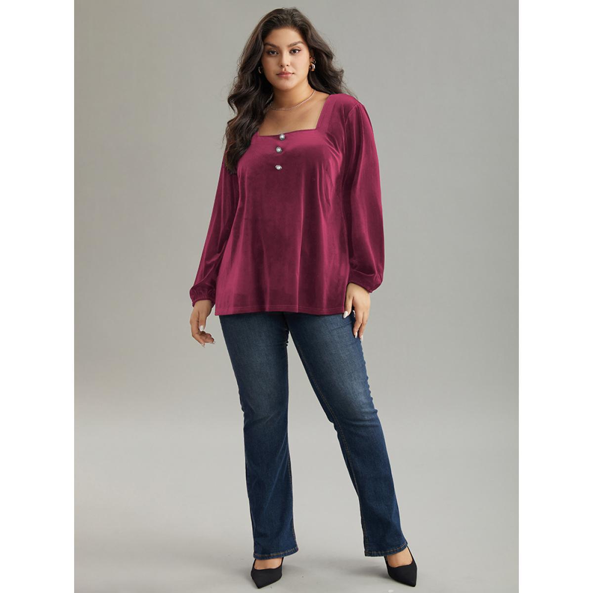 Plus Size Scarlet Velvet Metal Button Detail Blouse Women Elegant Long Sleeve Square Neck Dailywear Blouses BloomChic 10/M Product Image