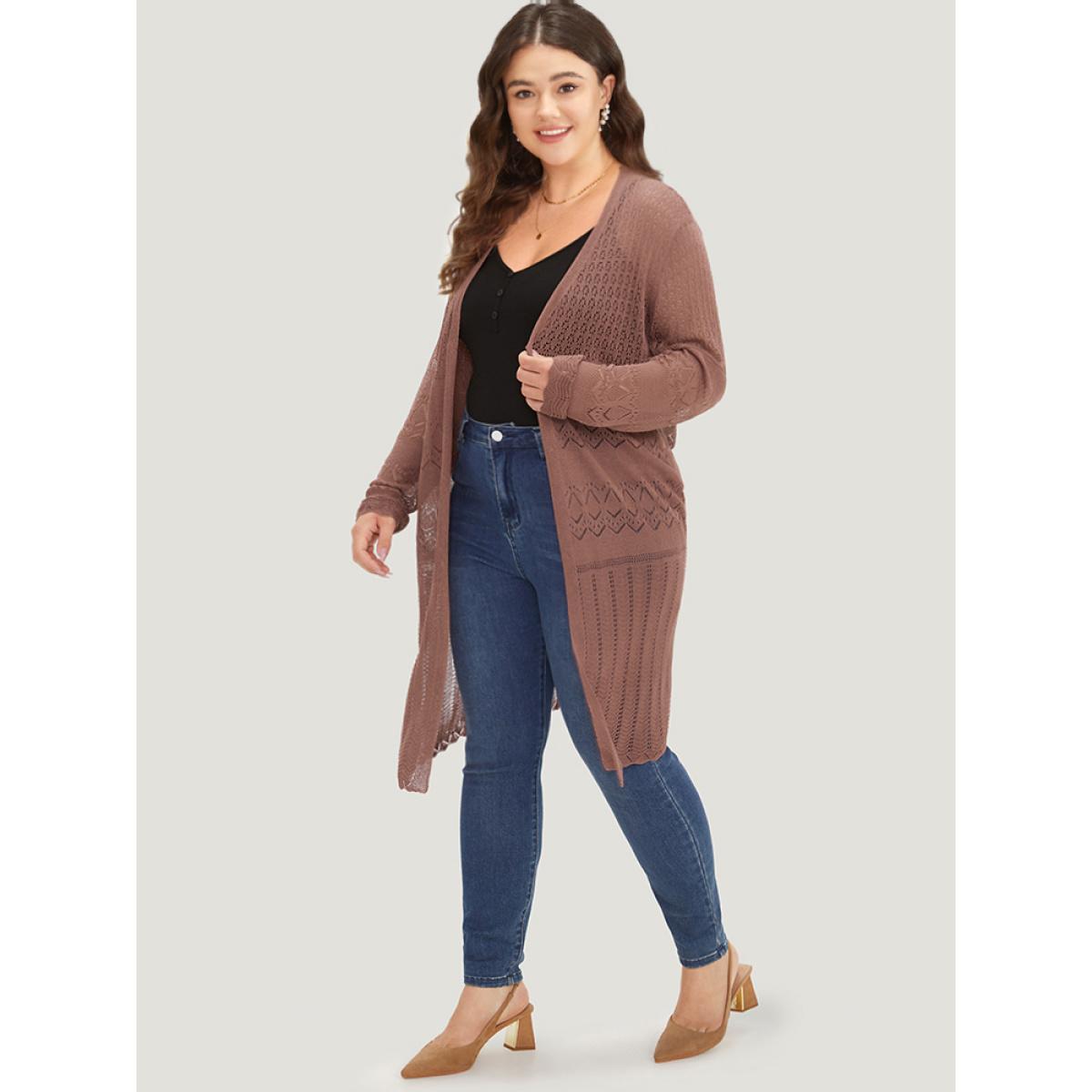 Plus Size Geometric Eyelet Open Front Maxi Cardigan Rust Women Casual Loose Long Sleeve Everyday Cardigans BloomChic 14-16/1X Product Image