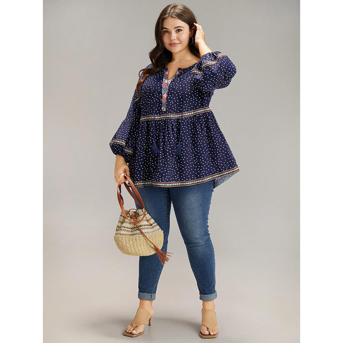 Plus Size Indigo Polka Dot Bandana Trim Ties Blouse Women Resort Long Sleeve Tie Neck Vacation Blouses BloomChic 28/5X Product Image