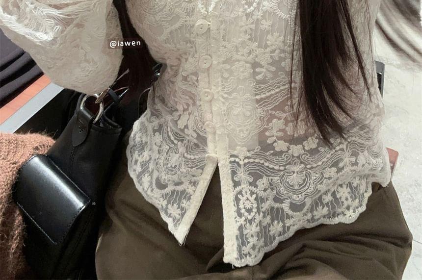 Puff-Sleeve Flower Embroidered Lace Blouse / V-Neck Plain Flower Detail Pointelle Knit Cardigan Product Image