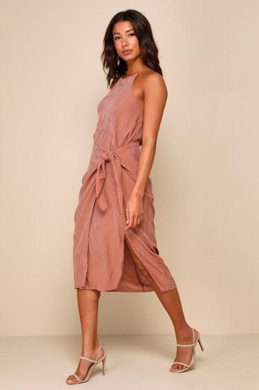 Amalfi Muse Rust Brown Striped Cutout Faux Wrap Midi Dress Product Image