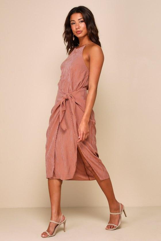 Amalfi Muse Rust Brown Striped Cutout Faux Wrap Midi Dress Product Image
