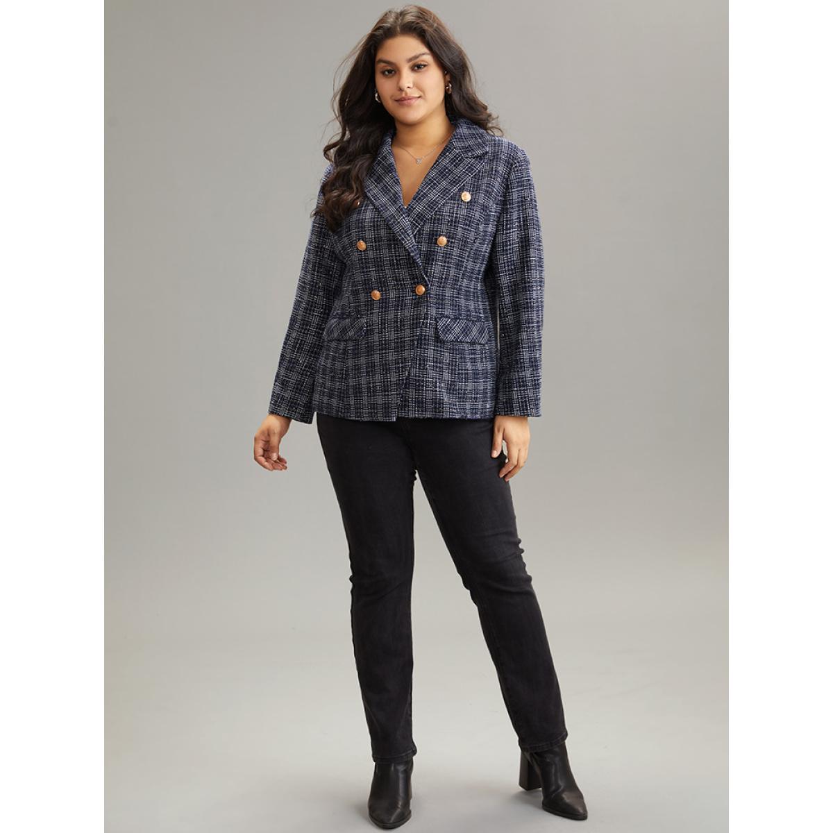 Plus Size Tweed Plaid Suit Collar Metal Detail Blazer Indigo Women Dailywear Plaid Lined Sleeve Long Sleeve Suit Collar 22-24/3X Pocket Casual Blazers BloomChic Product Image