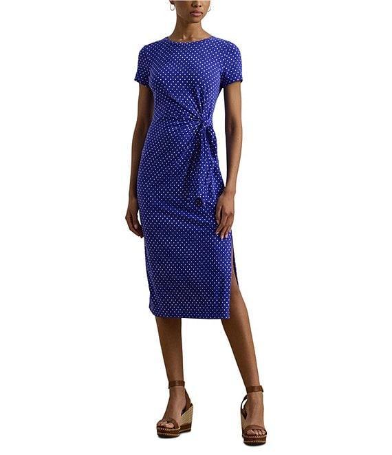 Lauren Ralph Lauren Jersey Knit Dotted Print Crew Neck Short Sleeve Gathered Tie Midi Dress Product Image