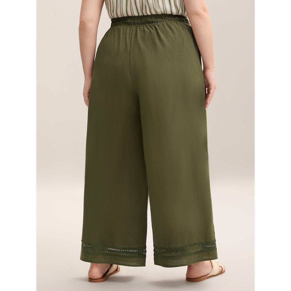 Plus Size Drawstring Lace Detail Wide-Leg Pants Women ArmyGreen Resort Wide Leg Mid Rise Vacation Pants BloomChic 28/5X Product Image
