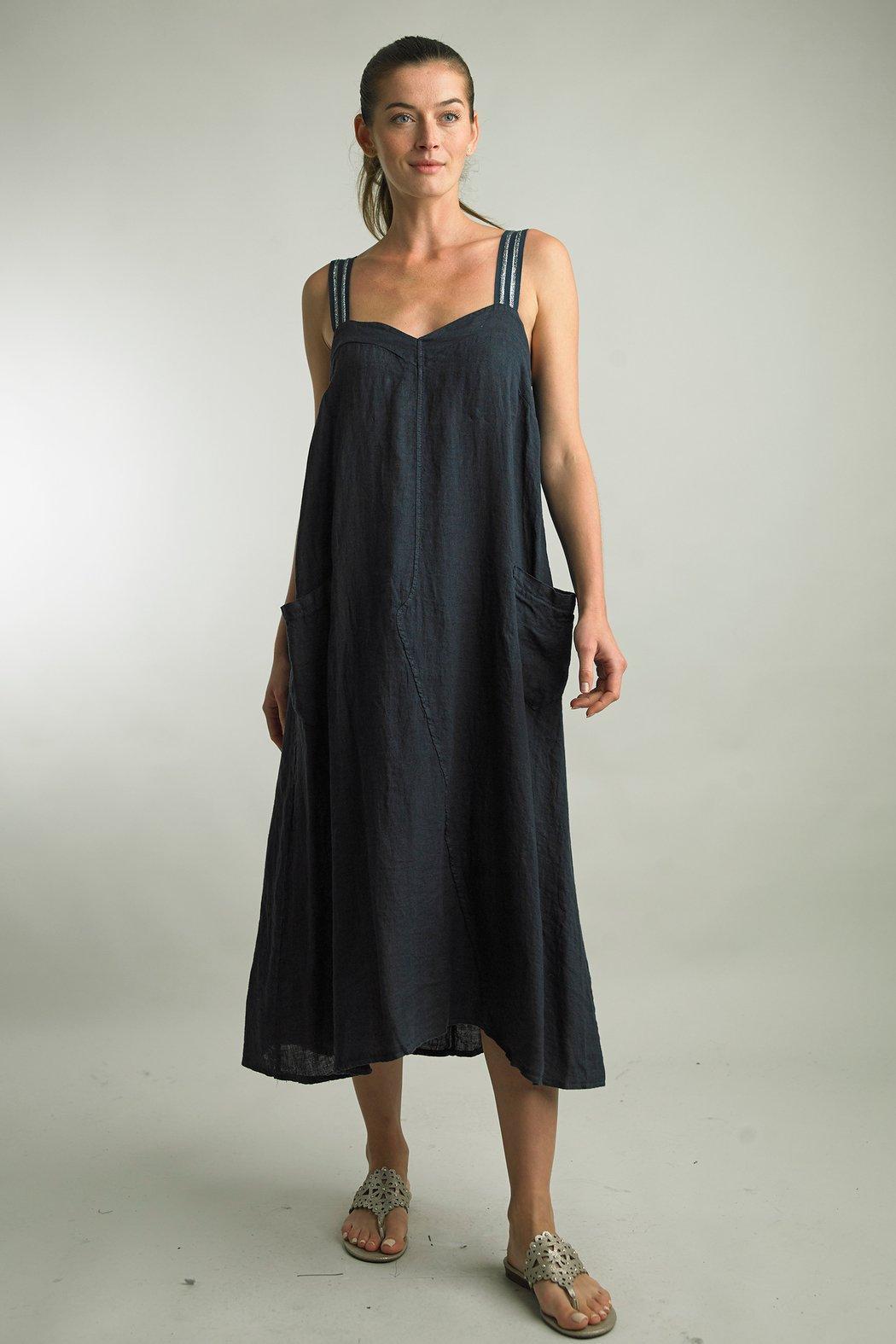 Navy Linen Strap Dress Product Image