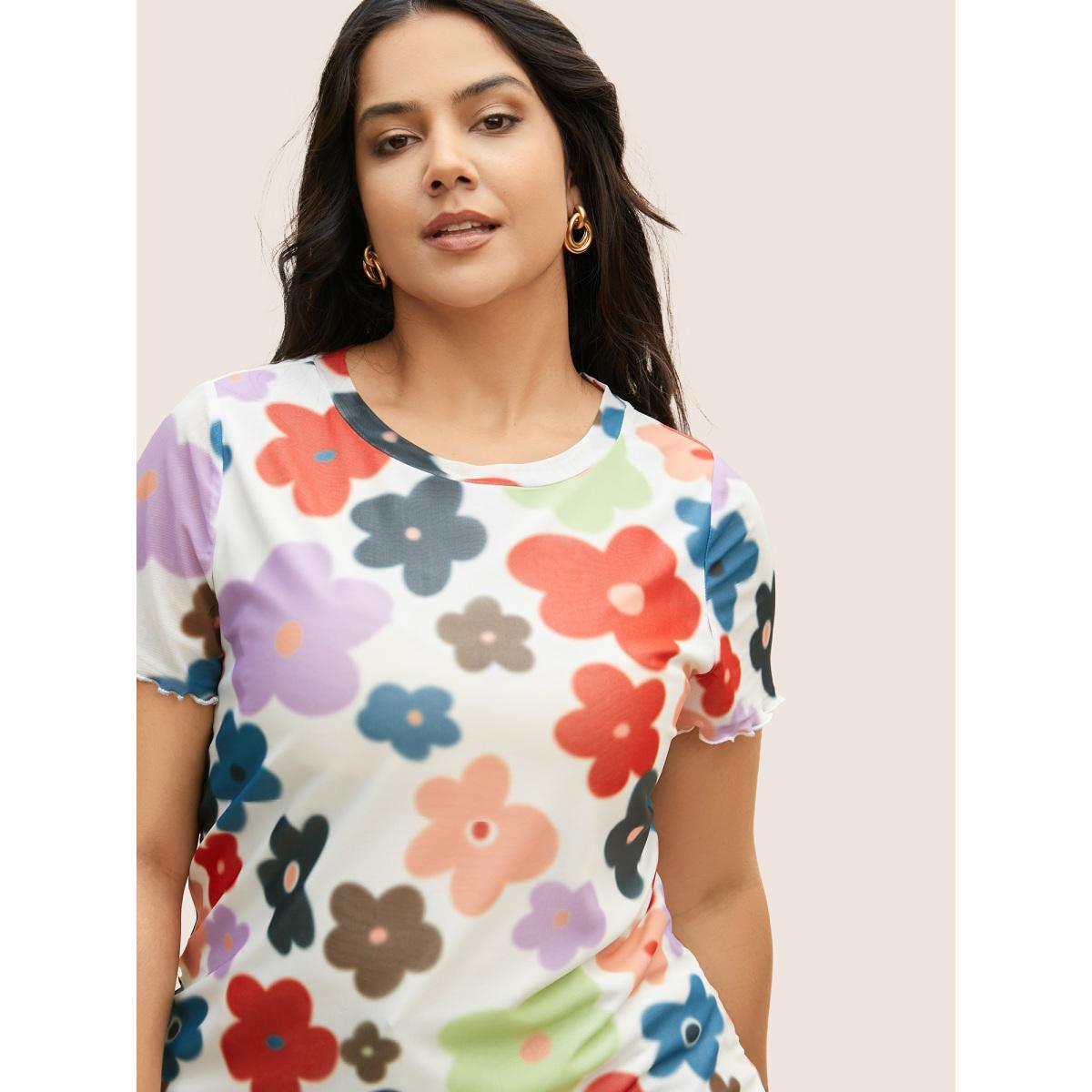 Plus Size Round Neck Colored Floral Mesh T-shirt Multicolor Women Elegant Contrast Natural Flowers Round Neck Everyday T-shirts BloomChic 30/6X Product Image
