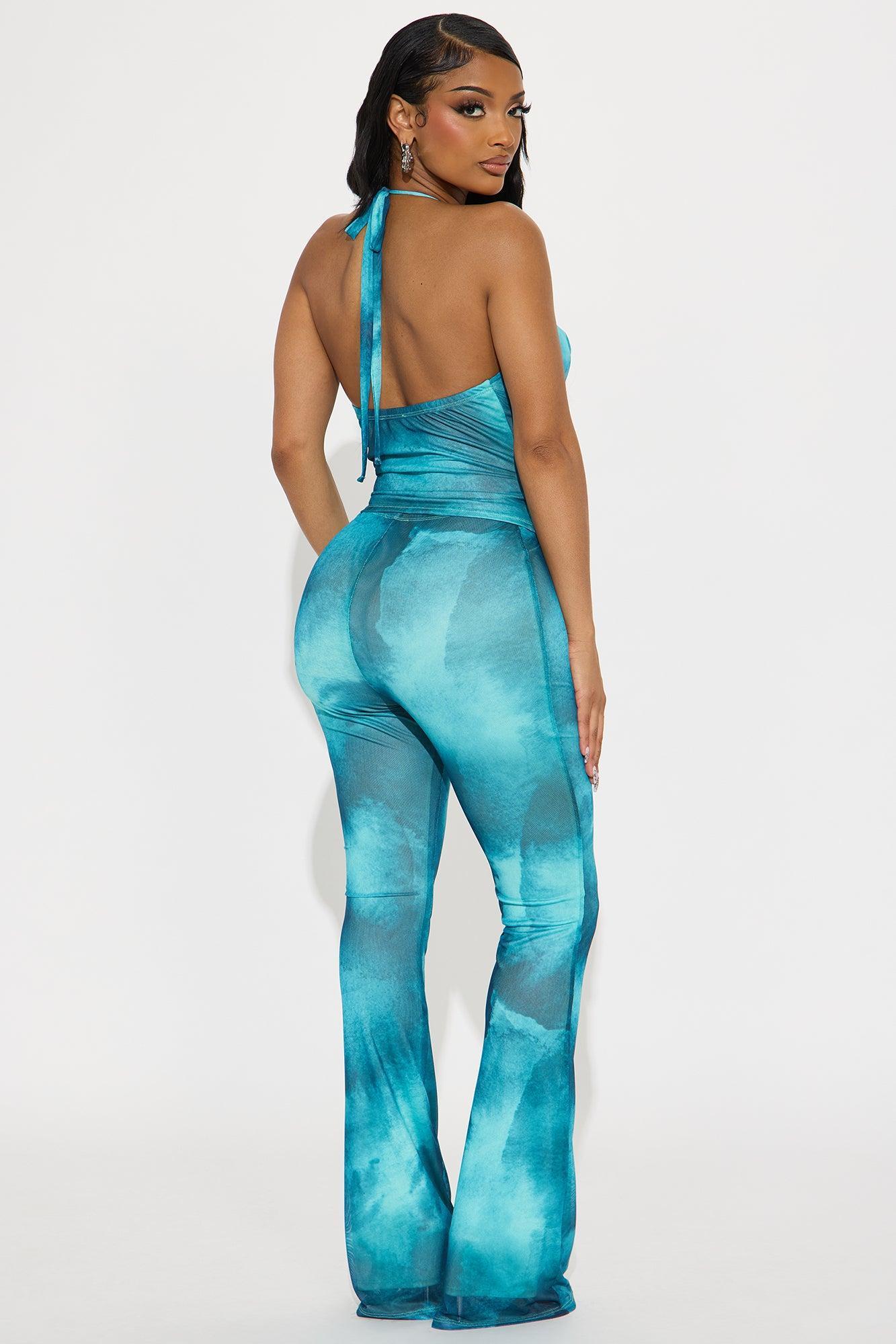 Sea Siren Mesh Halter Top Pant Set - Teal Product Image