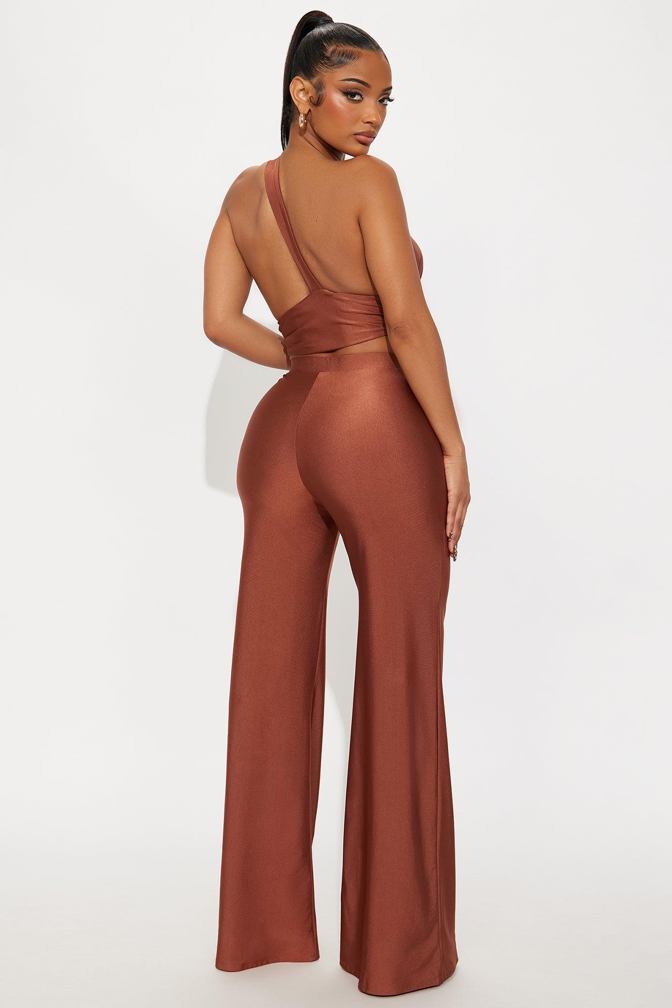 Sasha One Shoulder Wide Leg Pant Set - Brown Product Image