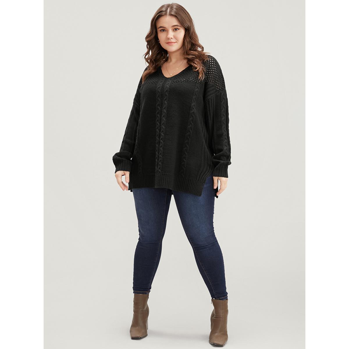 Plus Size Solid Pointelle Knit Cut Out Split Hem Cable Knit Top Black Women Casual Loose Long Sleeve V-neck Dailywear Pullovers BloomChic 10/M Product Image