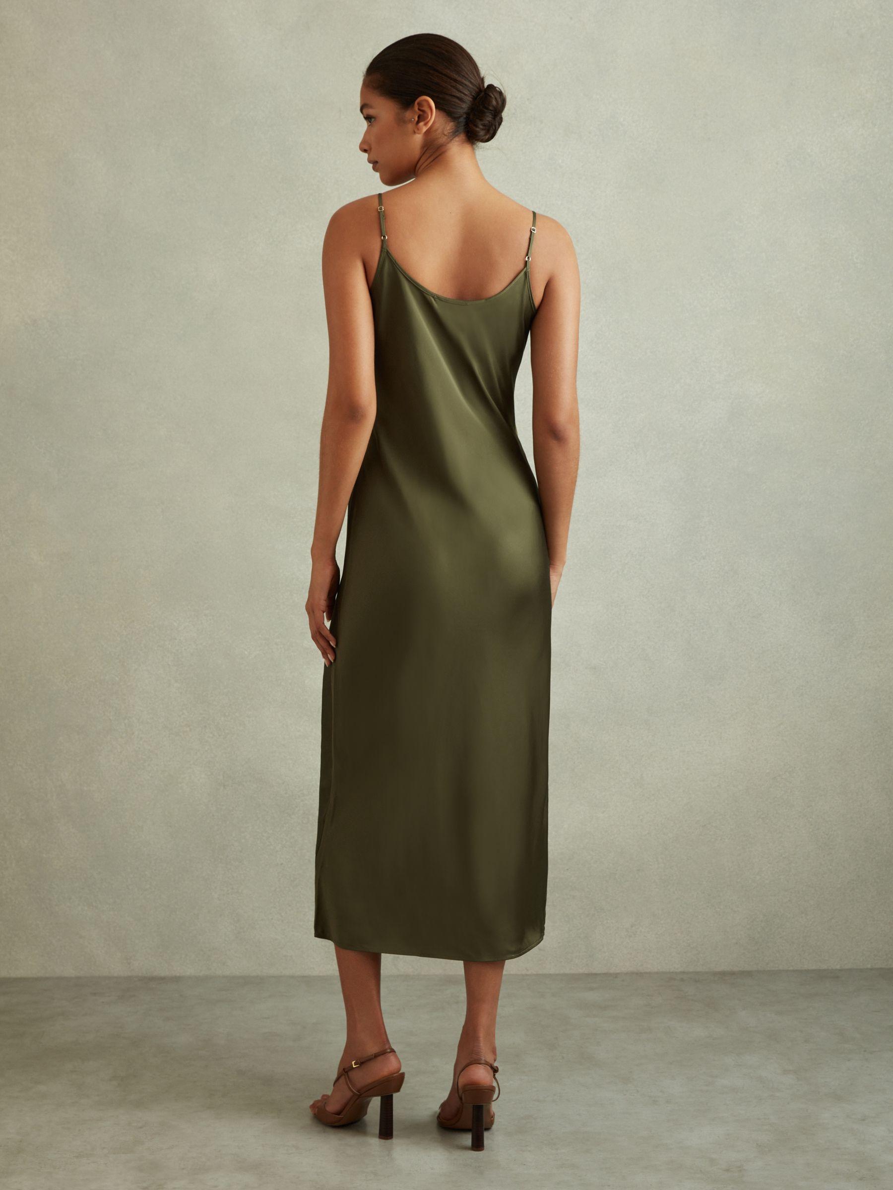Satin Cowl Neck Midi Dress in Khaki Product Image