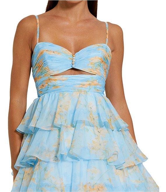 Mac Duggal Floral Print Sweetheart Neck Spaghetti Strap Sleeveless Cut Out Open Back Detail Ruffle Tiered Ball Gown Product Image
