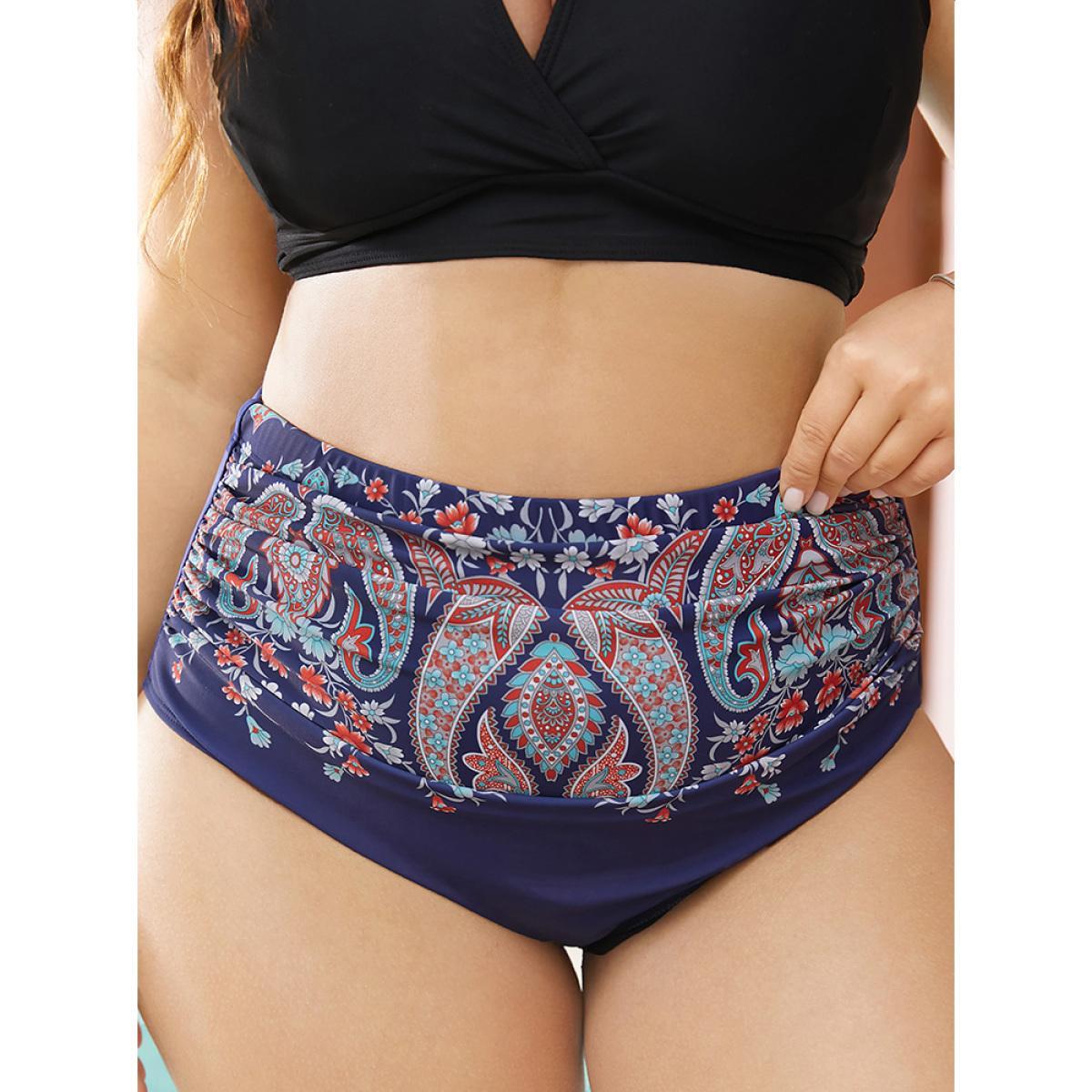 Plus Size Paisley Print Ruched Front Swim Bottom Women's Swimwear Navy Vacation Gathered High stretch Skinny High Rise Curve Swim Bottoms BloomChic 12/L Product Image
