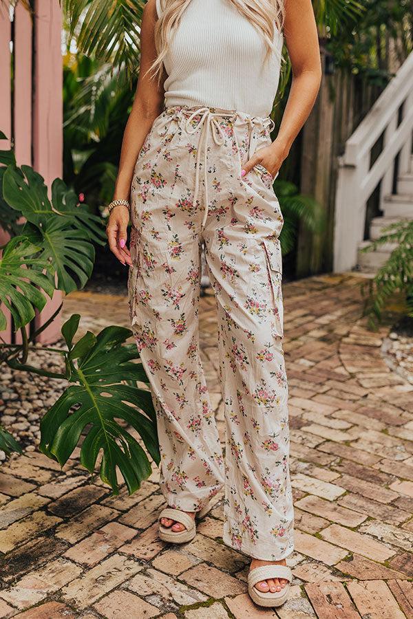 Free Spirit High Waist Floral Cargo Pants in Light Beige Product Image