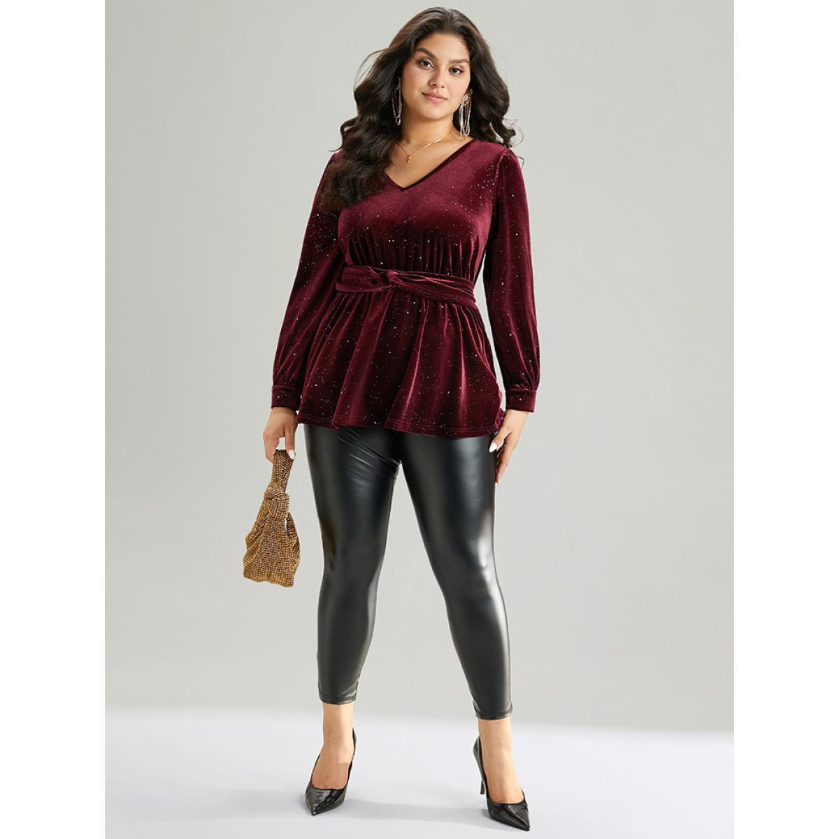 Plus Size Scarlet Glitter Sequin Velvet Twist Front V Neck Blouse Women Cocktail Long Sleeve V-neck Party Blouses BloomChic 12/L Product Image