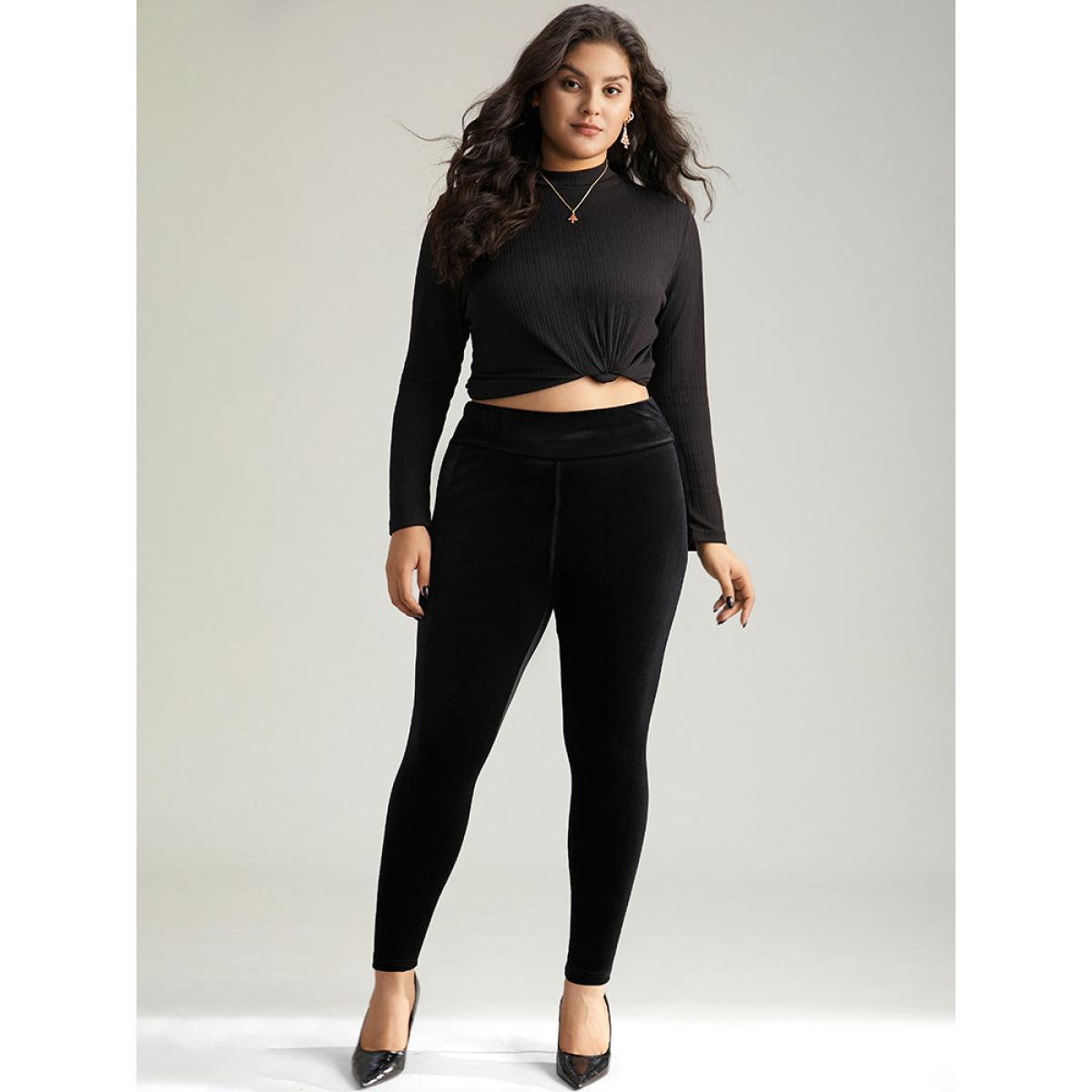 Plus Size Plain Velvet Elastic Waist Skinny Leggings Women Black Glamour High stretch Skinny High Rise Festival-Christmas Leggings BloomChic 12/L Product Image