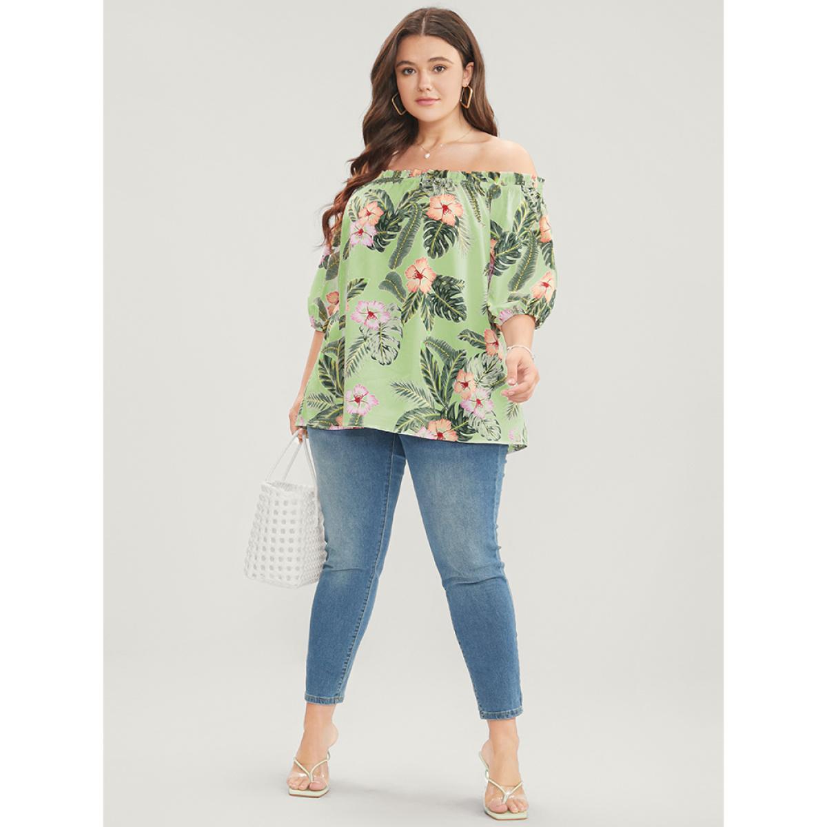 Plus Size LightGreen Tropical Print Off Shoulder Lantern Sleeve Blouse Women Vacation Short sleeve One-shoulder neck Dailywear Blouses BloomChic 12/L Product Image