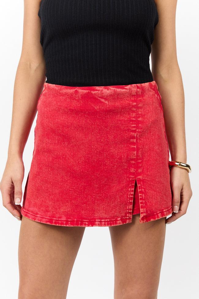 My Favorite Red Acid Wash Side Slit Denim Skort Product Image