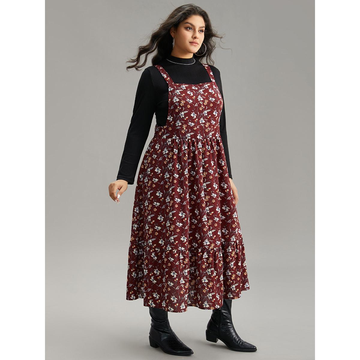 Plus Size Floral Print Adjustable Straps Elastic Waist Cami Dress Maroon Women Casual Adjustable Straps Spaghetti Strap Sleeveless Curvy Midi Dress BloomChic 30/6X Product Image