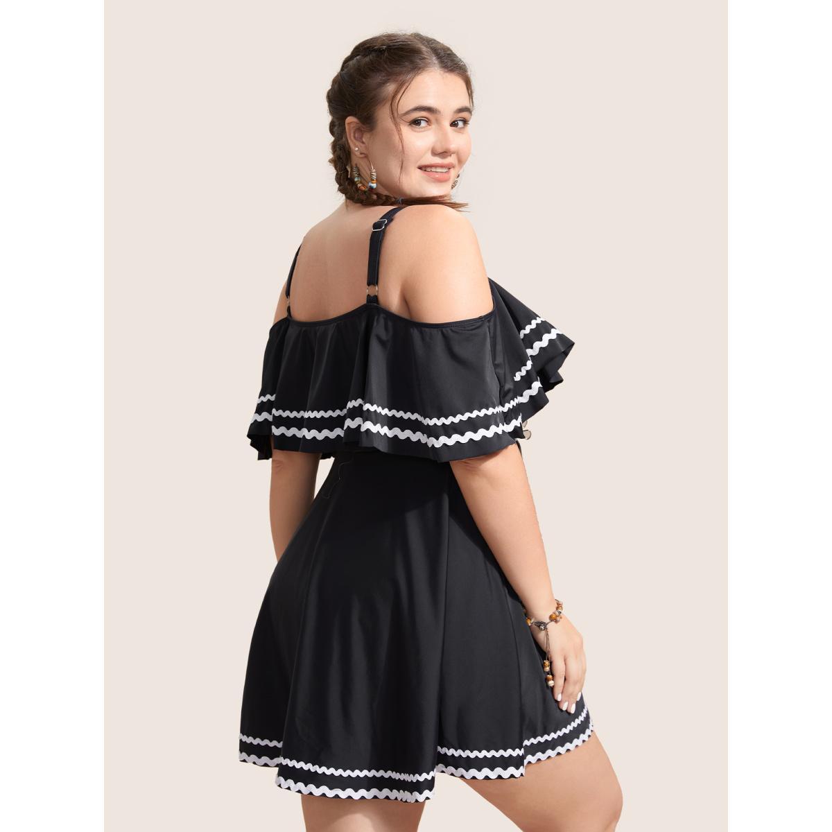 Plus Size One Shoulder Neck Woven Ribbon Swim Dress Women's Swimwear Black Beach Bodycon One-shoulder neck High stretch Curve Swim Dresses BloomChic 14-16/1X Product Image