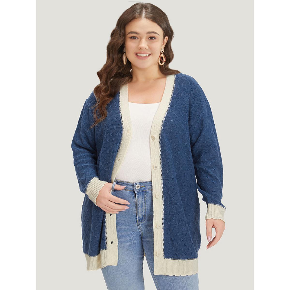 Plus Size Two Tone Textured Button Through Cardigan Aegean Women Casual Loose Long Sleeve Dailywear Cardigans BloomChic 10/M Product Image