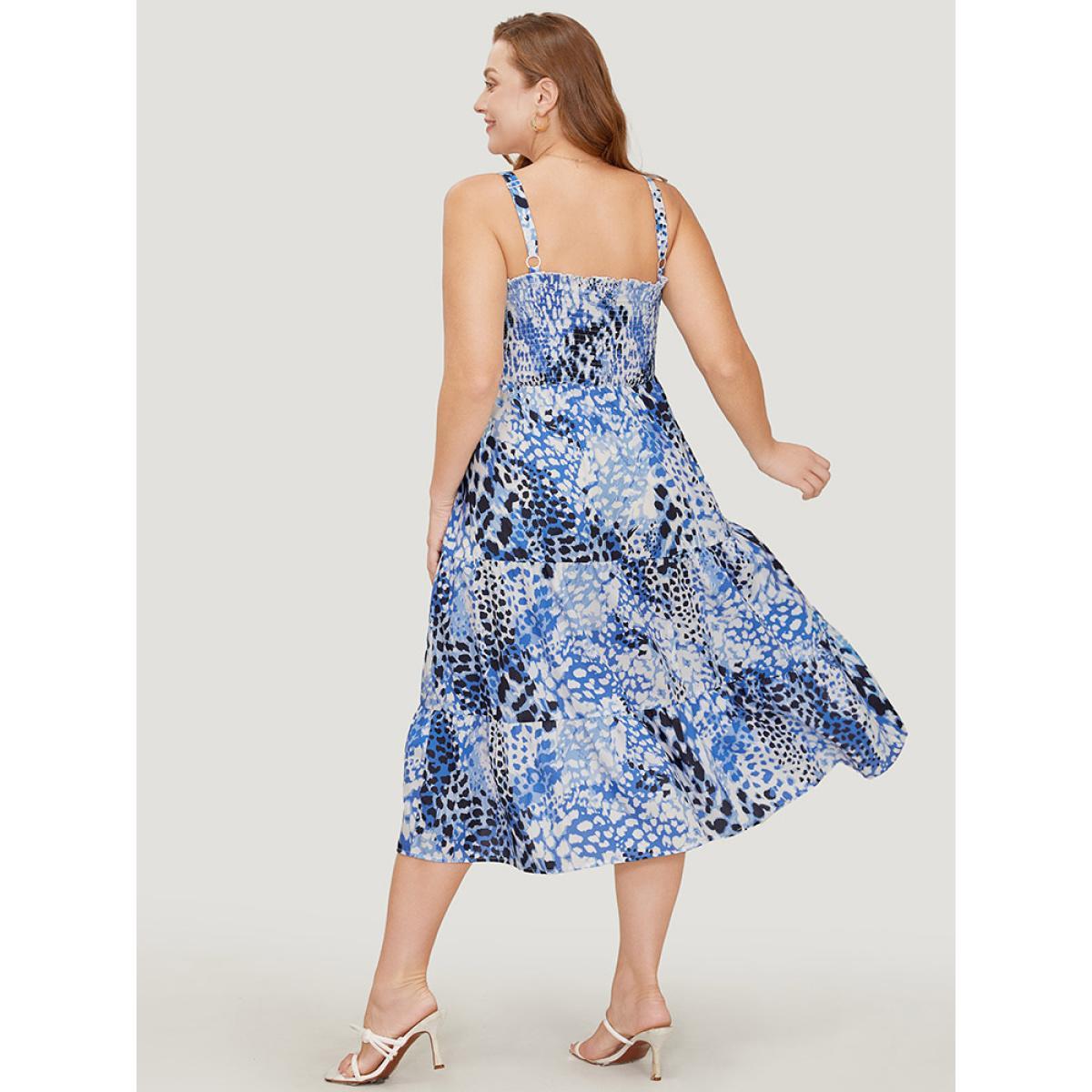 Plus Size Leopard Print Shirred Pocket Frill Trim Cami Dress Multicolor Women Vacation Adjustable Straps Spaghetti Strap Sleeveless Curvy Midi Dress BloomChic 10/M Product Image