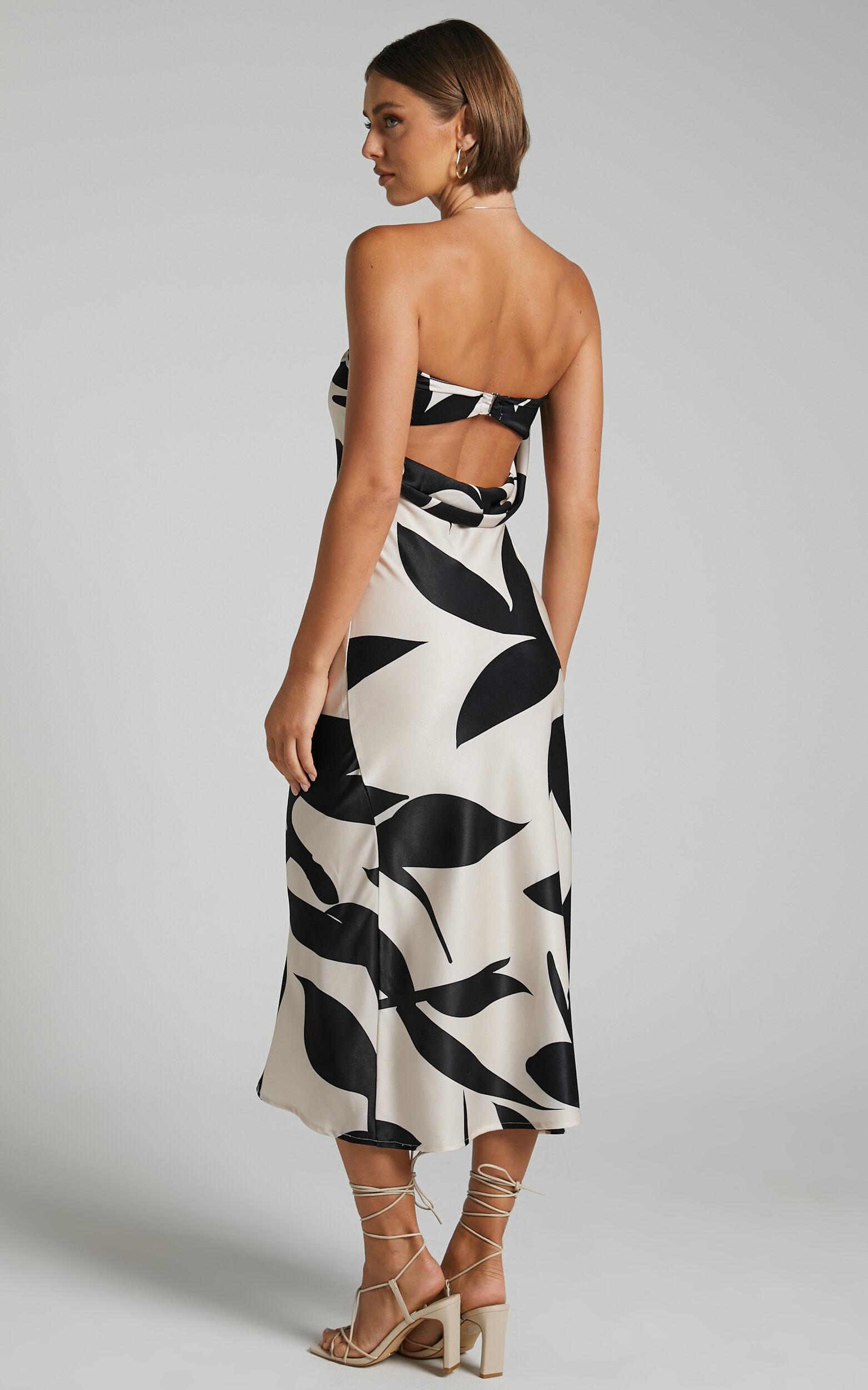 Madelyn Midi Dress - Strapless Palm Print Satin Dress in Cream and Black Shadow Print Product Image