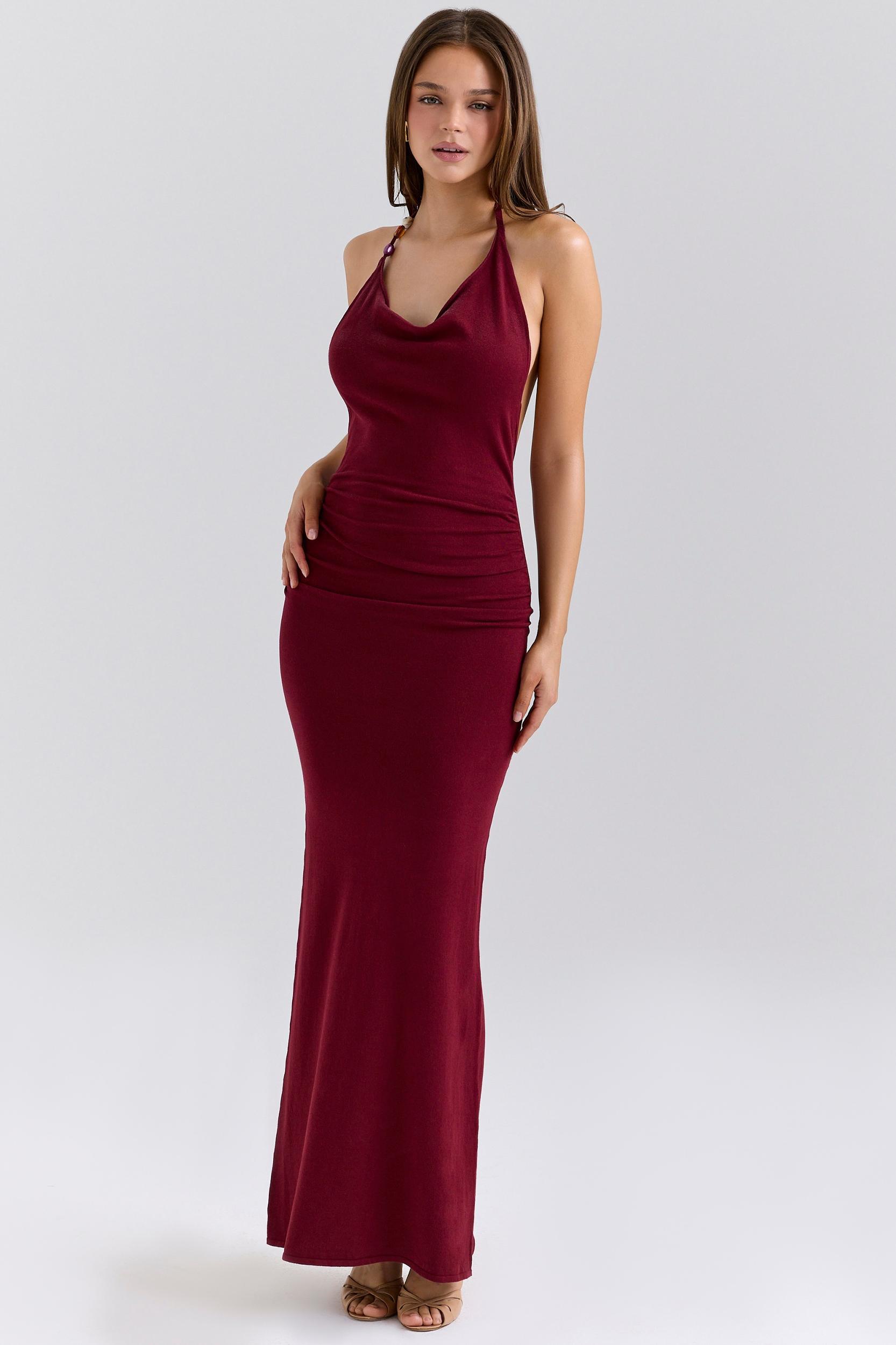 Thalina  wine draped halter neck knit maxi dress Product Image