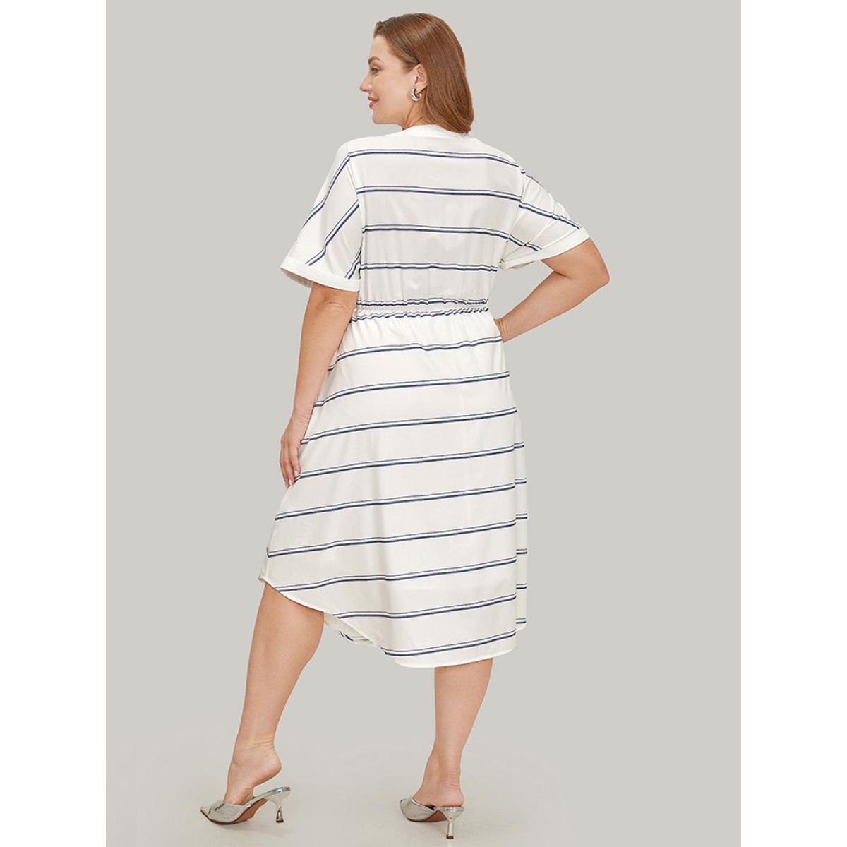 Plus Size Striped Notched Neck Pocket Roll Batwing Sleeve Dress White Women Office Lined Notched collar Short sleeve Curvy Midi Dress BloomChic 30/6X Product Image