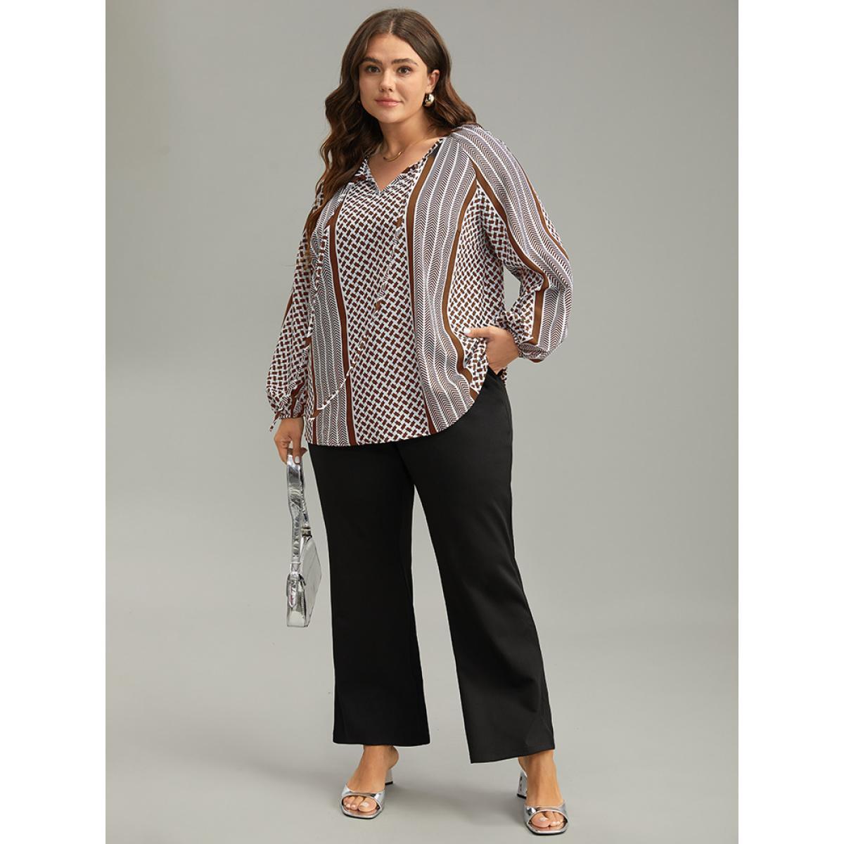 Plus Size Chocolate Geo Striped Tie Lantern Sleeve Blouse Women Resort Long Sleeve Tie Neck Vacation Blouses BloomChic 26/4X Product Image