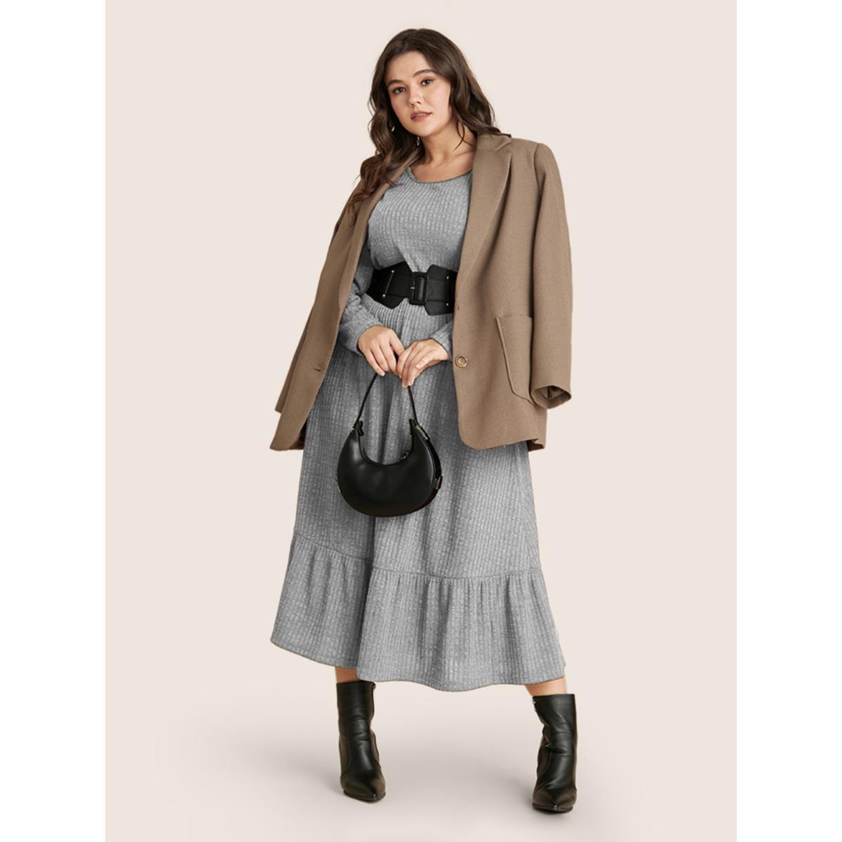 Plus Size Solid Pocket Rib Knit Ruffle Hem Dress Without Belt DarkGray Women Basics Non Round Neck Long Sleeve Curvy Midi Dress BloomChic 14-16/1X Product Image